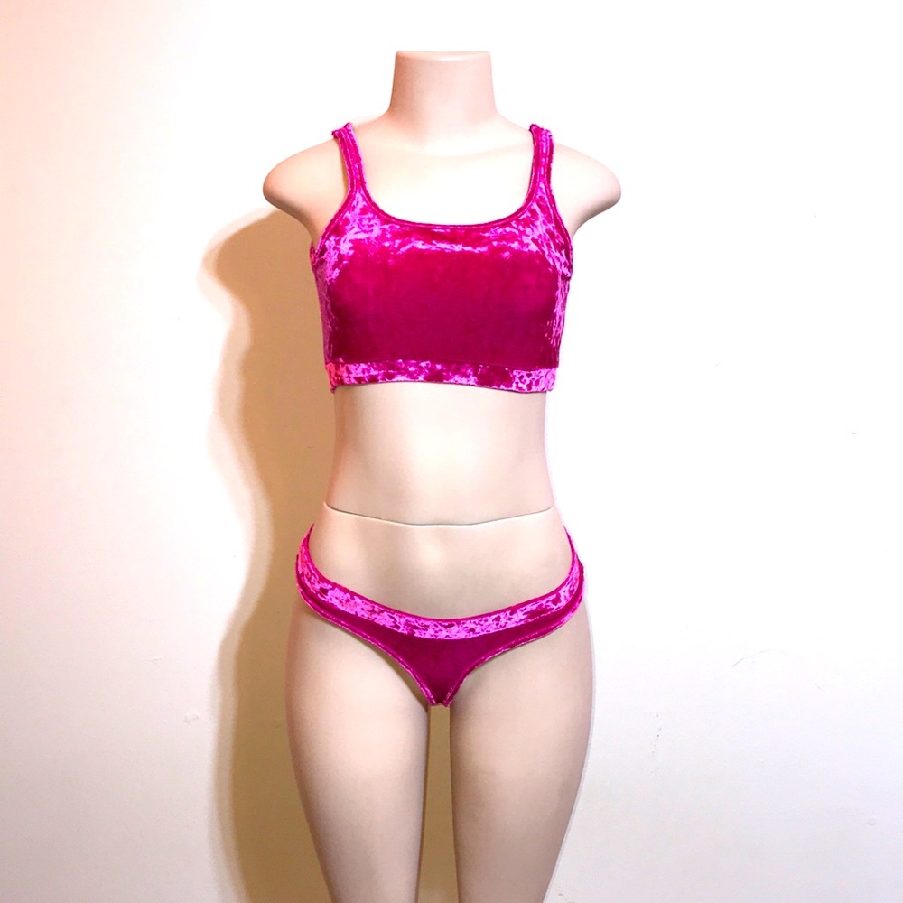 Y2K Hot Pink Velvet Lingerie Set Bralette Cheeky Thong Festival Rave Medium